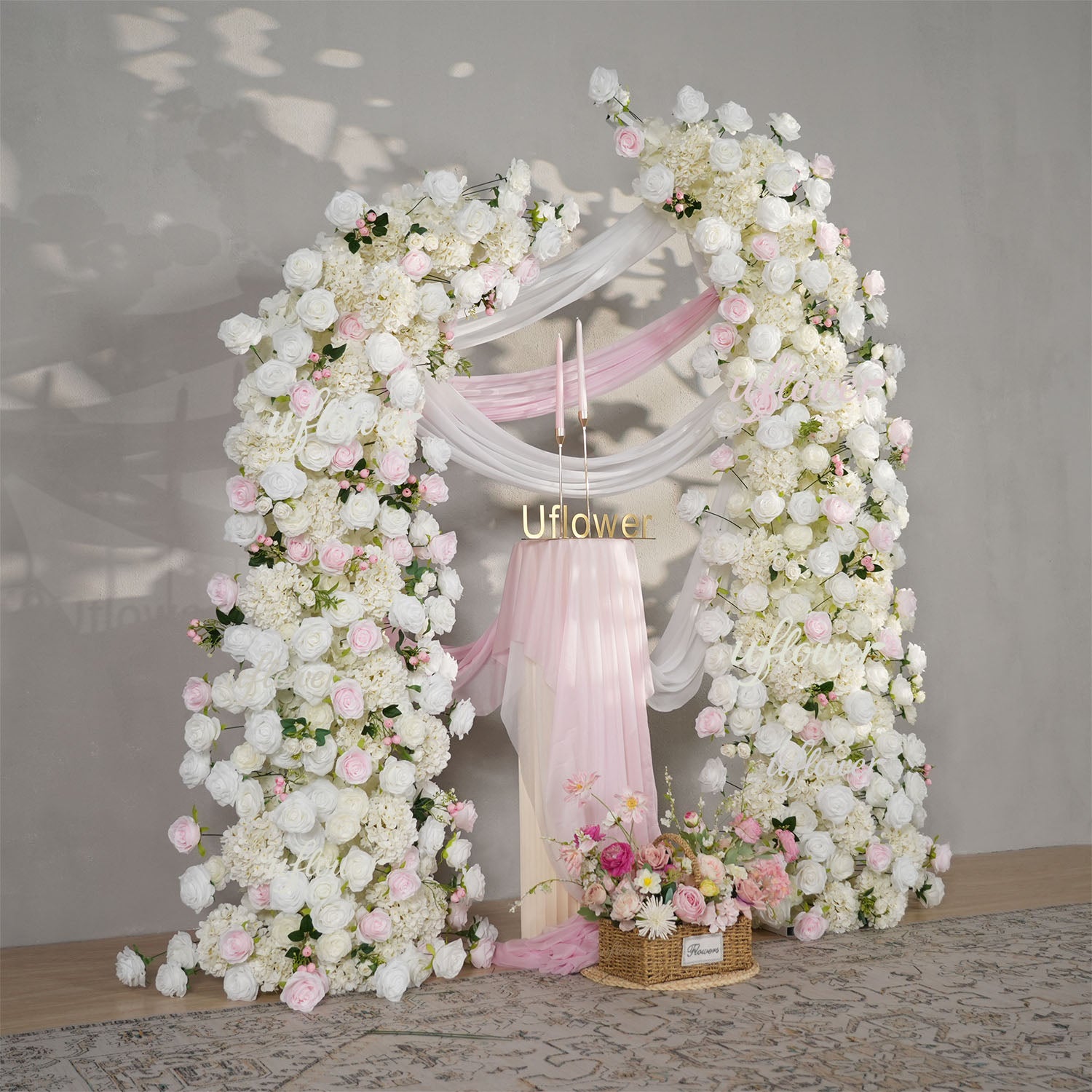 Uflower Pink White Rose Floral Horn Arch Wedding Party Backdrop Decor